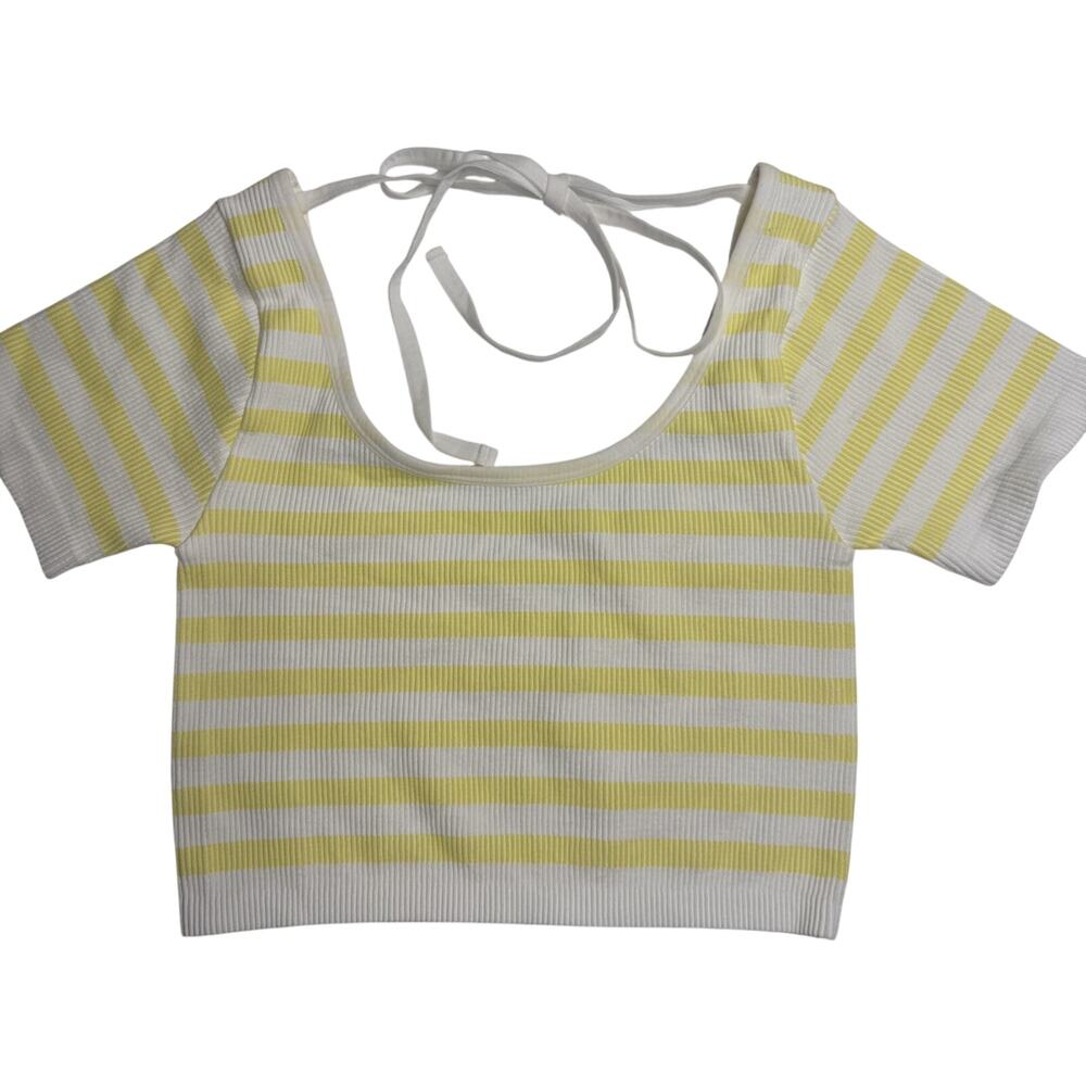Yellow White Striped‎ Ribbed Crop Top Tie-Back Short Sleeve Knit